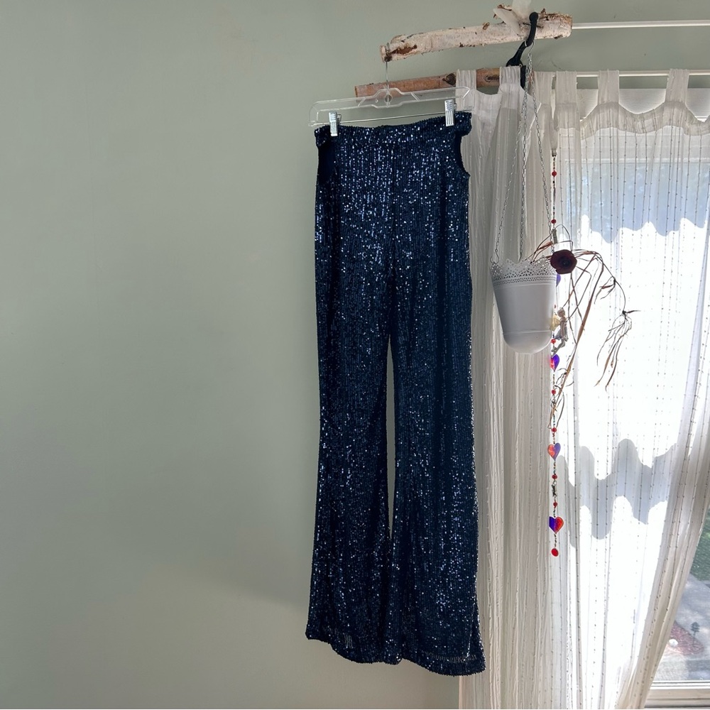 Navy Sequin Boot Cut Pants